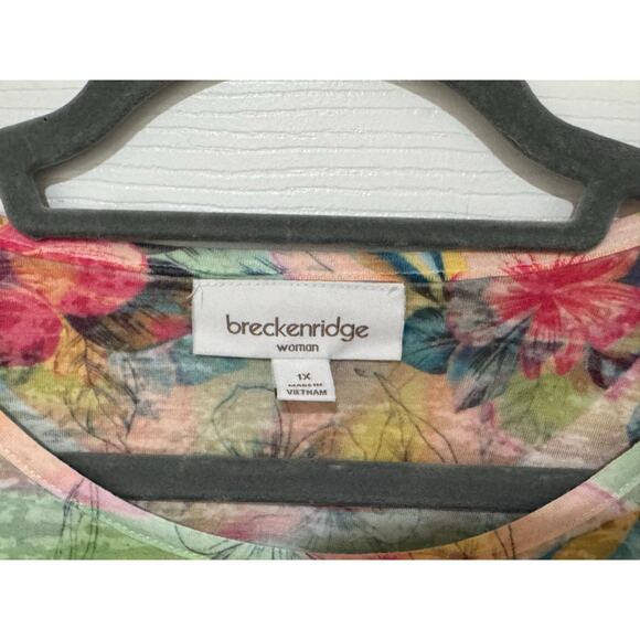 Breckenridge Green Tropical Floral Short Sleeve Womens Top Blouse 1X Plus - Picture 3 of 4